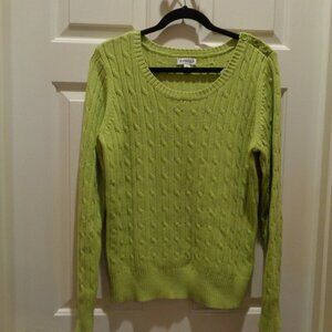 Chartreuse cable knit long sleeved sweater Size L  shoulder button accent